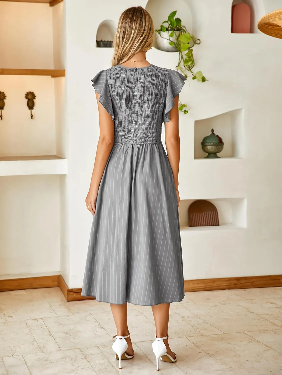Simplee Womens Striped Midi Summer Dress Smocked Flutter Short Sleeve Dress 2025 Flowy Casual Dress with Pockets
