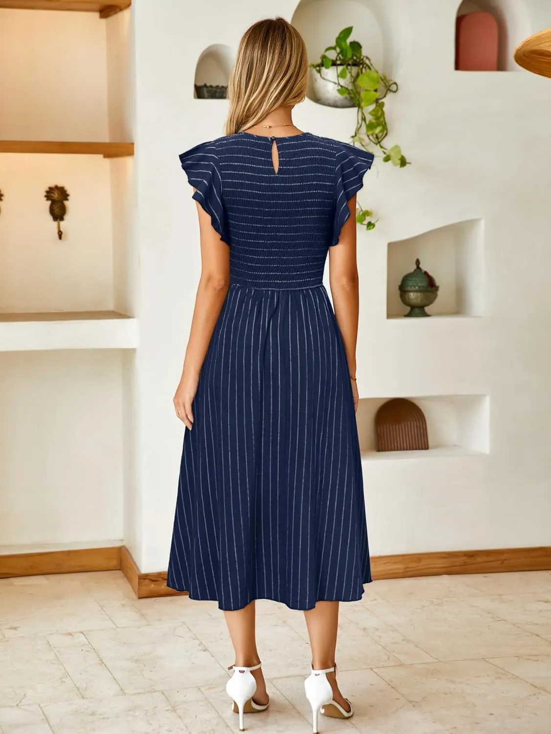 Simplee Womens Striped Midi Summer Dress Smocked Flutter Short Sleeve Dress 2025 Flowy Casual Dress with Pockets