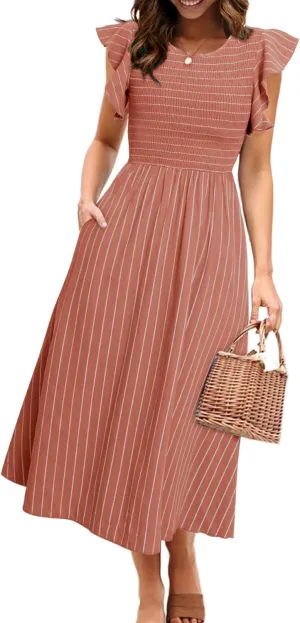 Simplee Womens Striped Midi Summer Dress Smocked Flutter Short Sleeve Dress 2025 Flowy Casual Dress with Pockets