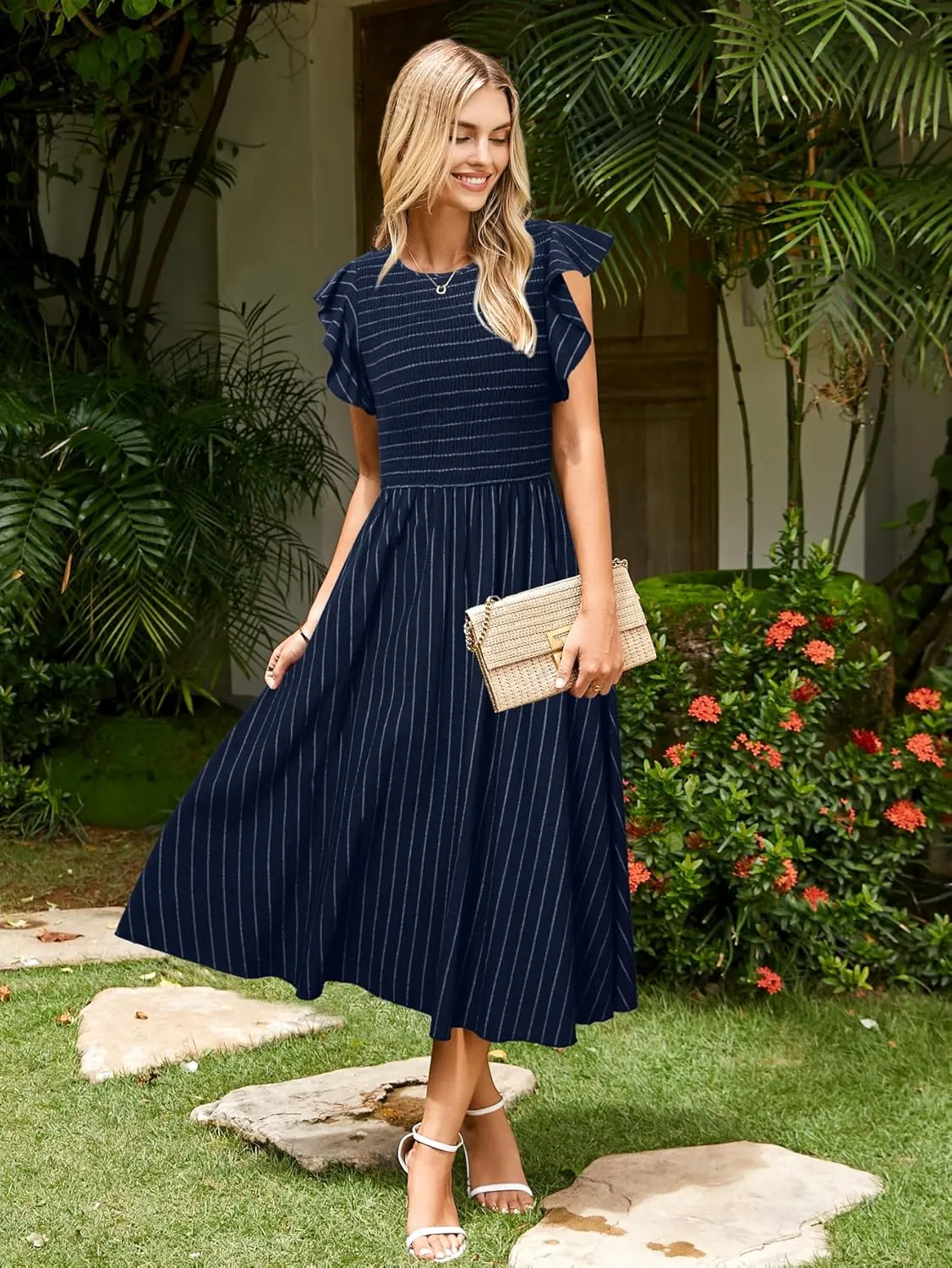 Simplee Womens Striped Midi Summer Dress Smocked Flutter Short Sleeve Dress 2025 Flowy Casual Dress with Pockets