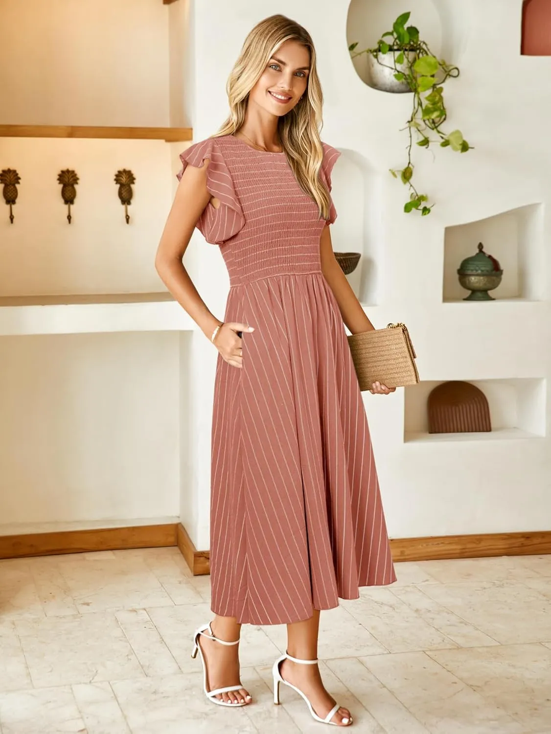 Simplee Womens Striped Midi Summer Dress Smocked Flutter Short Sleeve Dress 2025 Flowy Casual Dress with Pockets
