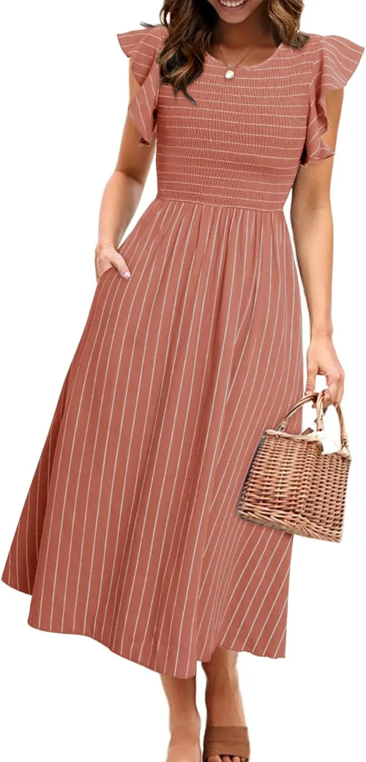 Simplee Womens Striped Midi Summer Dress Smocked Flutter Short Sleeve Dress 2025 Flowy Casual Dress with Pockets