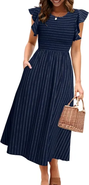 Simplee Womens Striped Midi Summer Dress Smocked Flutter Short Sleeve Dress 2025 Flowy Casual Dress with Pockets