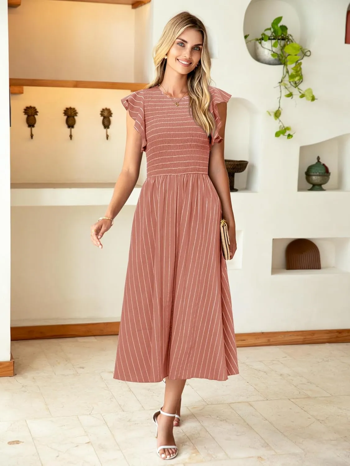 Simplee Womens Striped Midi Summer Dress Smocked Flutter Short Sleeve Dress 2025 Flowy Casual Dress with Pockets