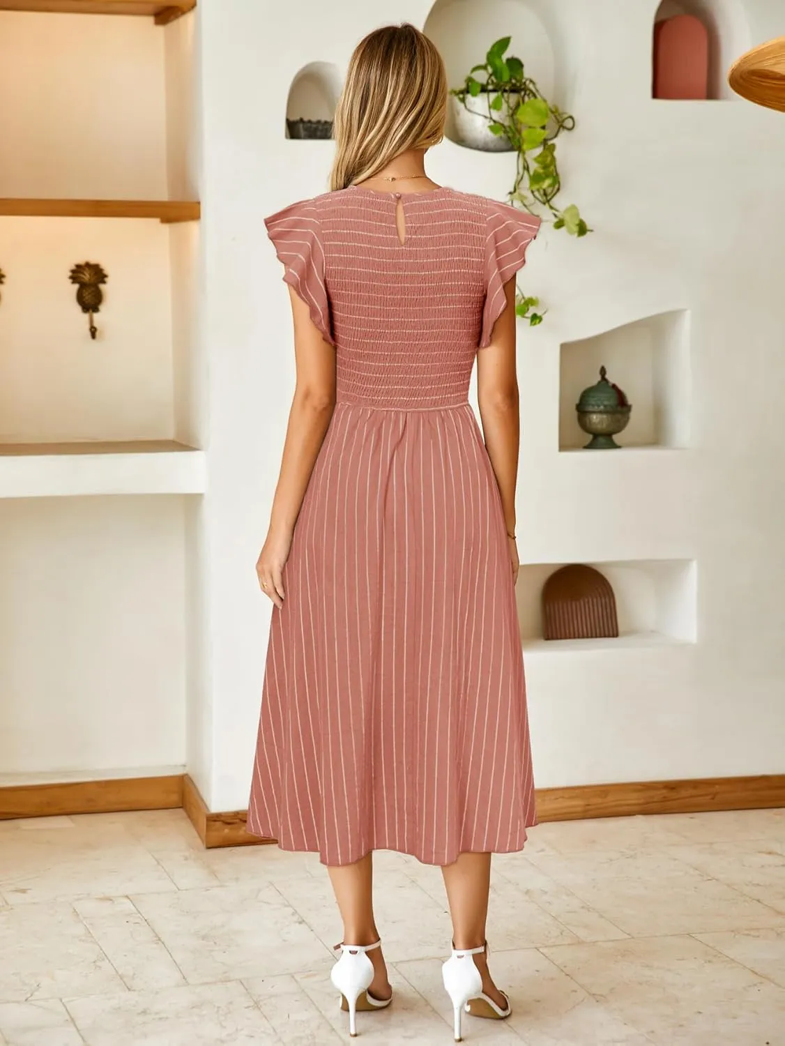 Simplee Womens Striped Midi Summer Dress Smocked Flutter Short Sleeve Dress 2025 Flowy Casual Dress with Pockets