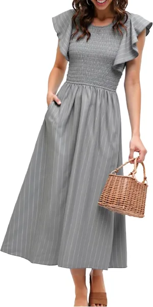 Simplee Womens Striped Midi Summer Dress Smocked Flutter Short Sleeve Dress 2025 Flowy Casual Dress with Pockets