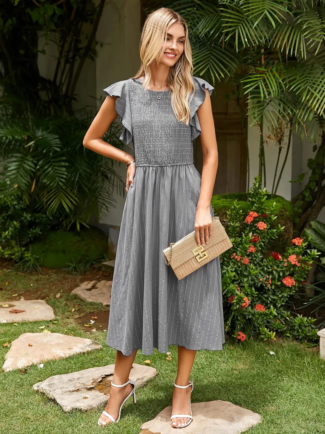 Simplee Womens Striped Midi Summer Dress Smocked Flutter Short Sleeve Dress 2025 Flowy Casual Dress with Pockets