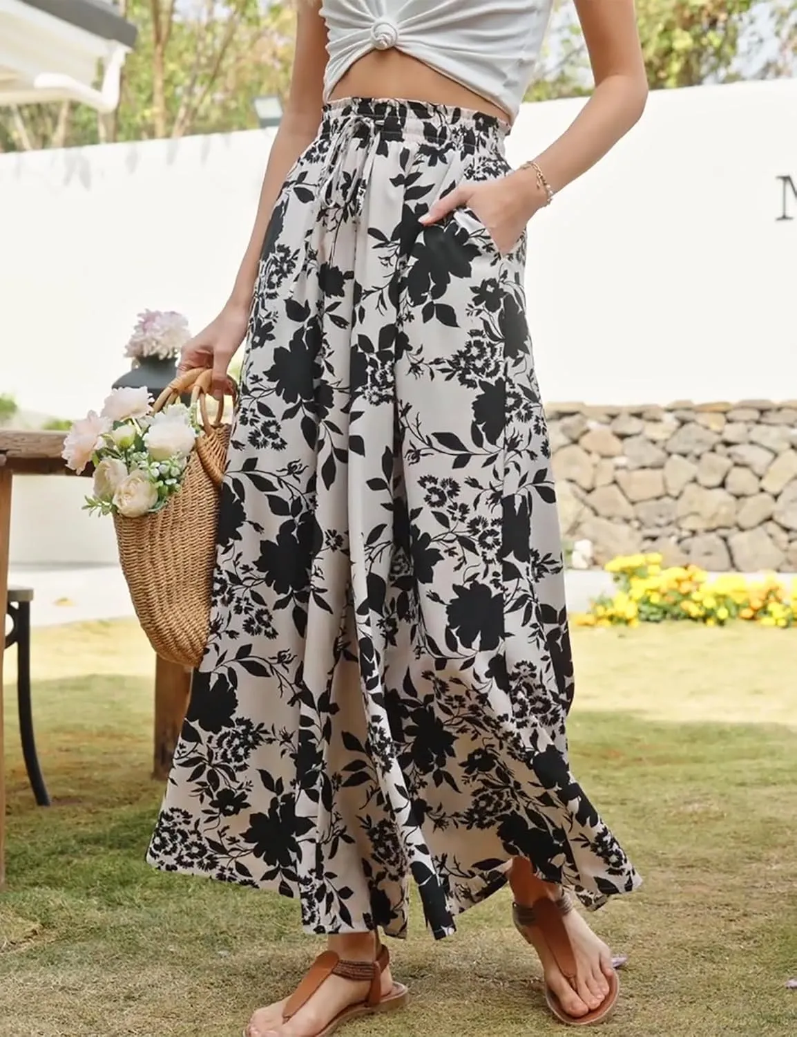 SimpleFun Women's Palazzo Pants Boho Floral Wide Leg Trousers Summer Beach High Waisted Flowy Pants with Pockets