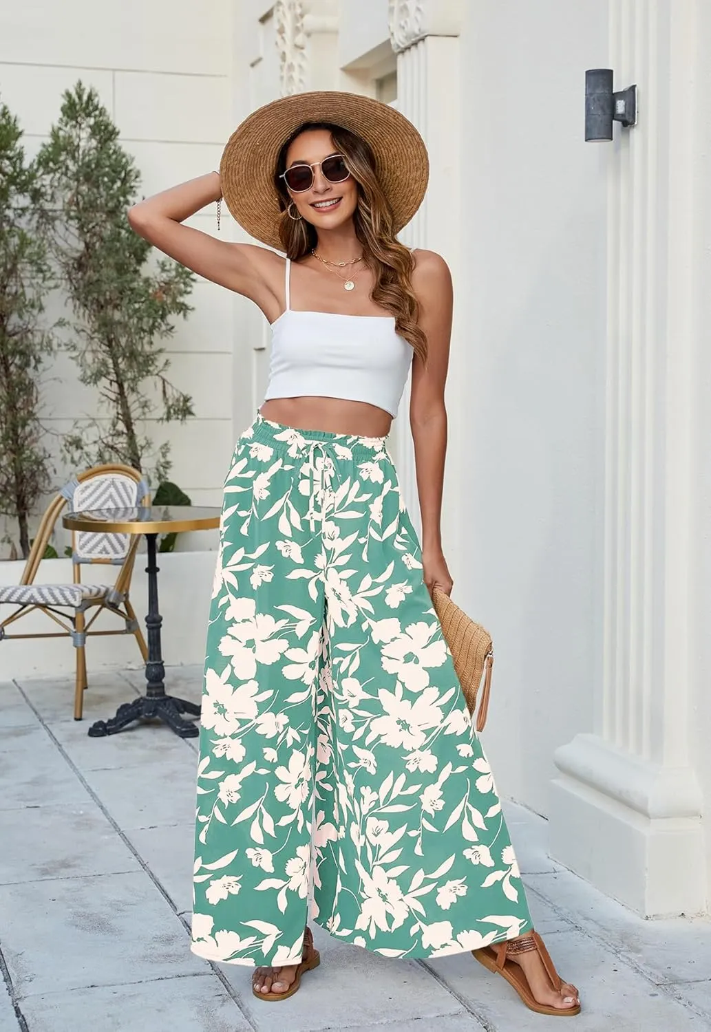 SimpleFun Women's Palazzo Pants Boho Floral Wide Leg Trousers Summer Beach High Waisted Flowy Pants with Pockets
