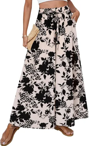 SimpleFun Women's Palazzo Pants Boho Floral Wide Leg Trousers Summer Beach High Waisted Flowy Pants with Pockets