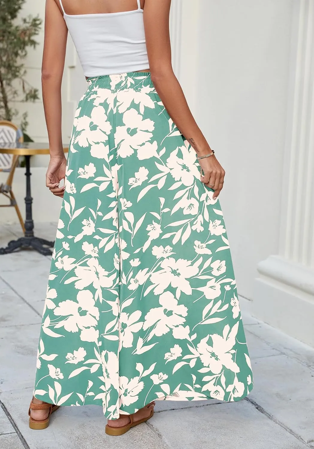 SimpleFun Women's Palazzo Pants Boho Floral Wide Leg Trousers Summer Beach High Waisted Flowy Pants with Pockets