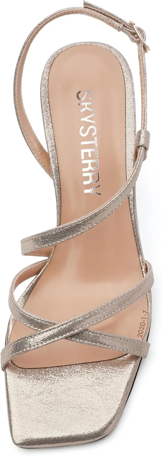 SKYSTERRY Women's Mid Kitten Strappy Sandals Square Open Toe Ankle Buckle Slingback Patent Heels Sexy Dress Wedding Party Daily-Life Shoes For Women 2.5 Inch