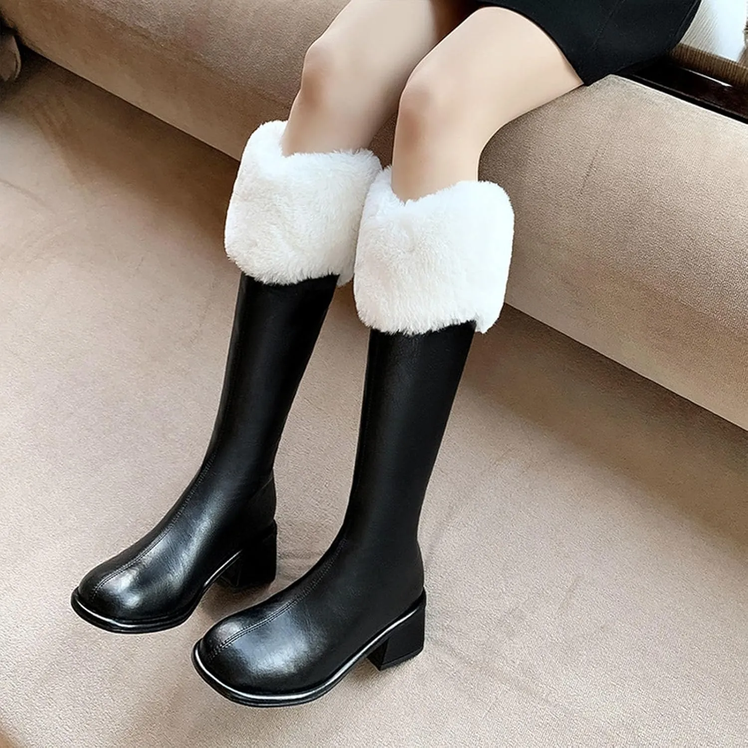 Slip On Low Heeled Snow Boots, Short Plush Lined Raw Edge Knee High Boots Leather Shiny Straight Boots Waterproof Non Slip Warm Women's Winter Boots