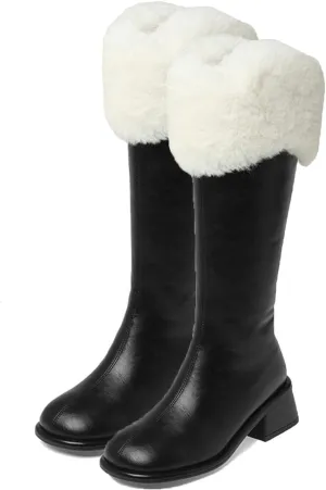 Slip On Low Heeled Snow Boots, Short Plush Lined Raw Edge Knee High Boots Leather Shiny Straight Boots Waterproof Non Slip Warm Women's Winter Boots