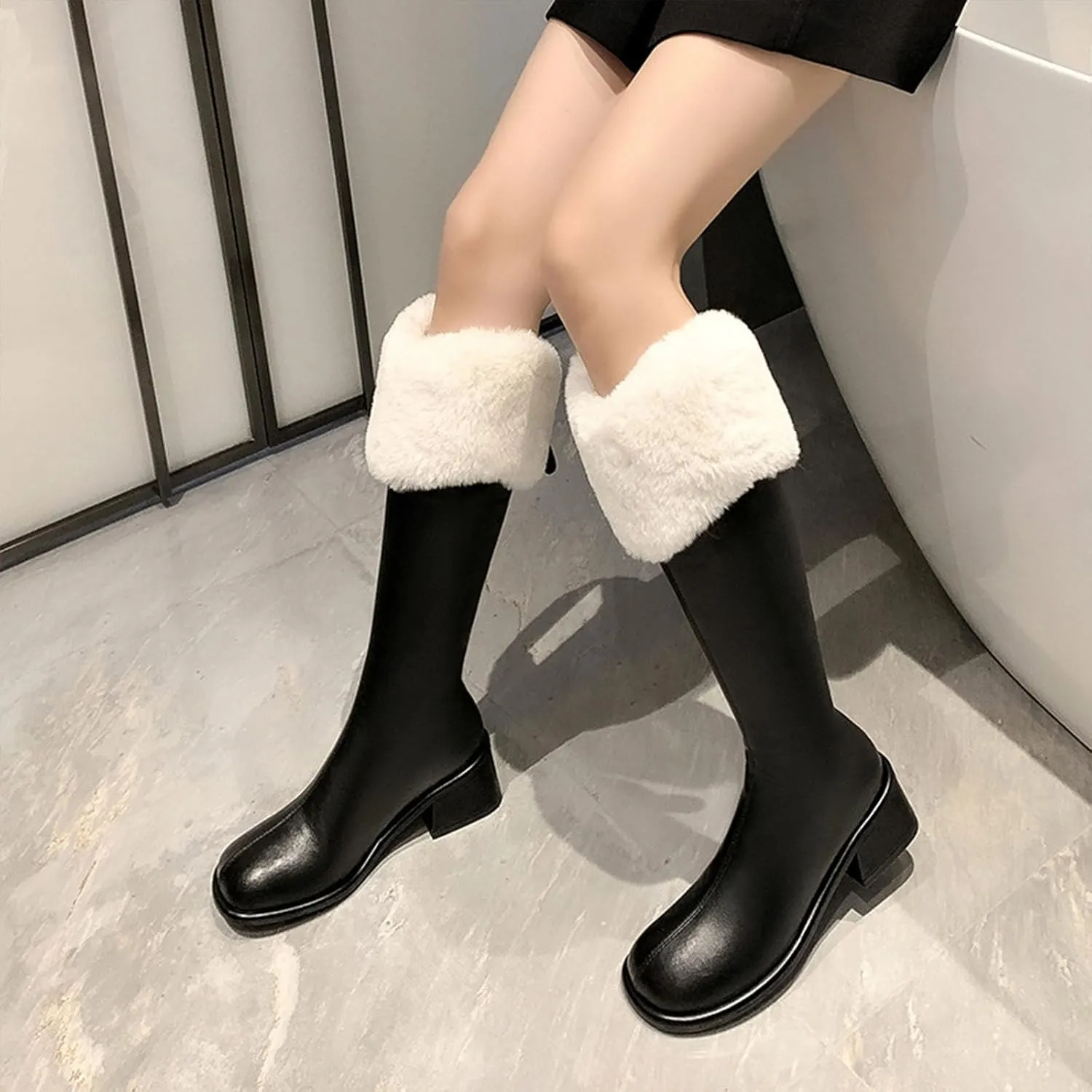 Slip On Low Heeled Snow Boots, Short Plush Lined Raw Edge Knee High Boots Leather Shiny Straight Boots Waterproof Non Slip Warm Women's Winter Boots
