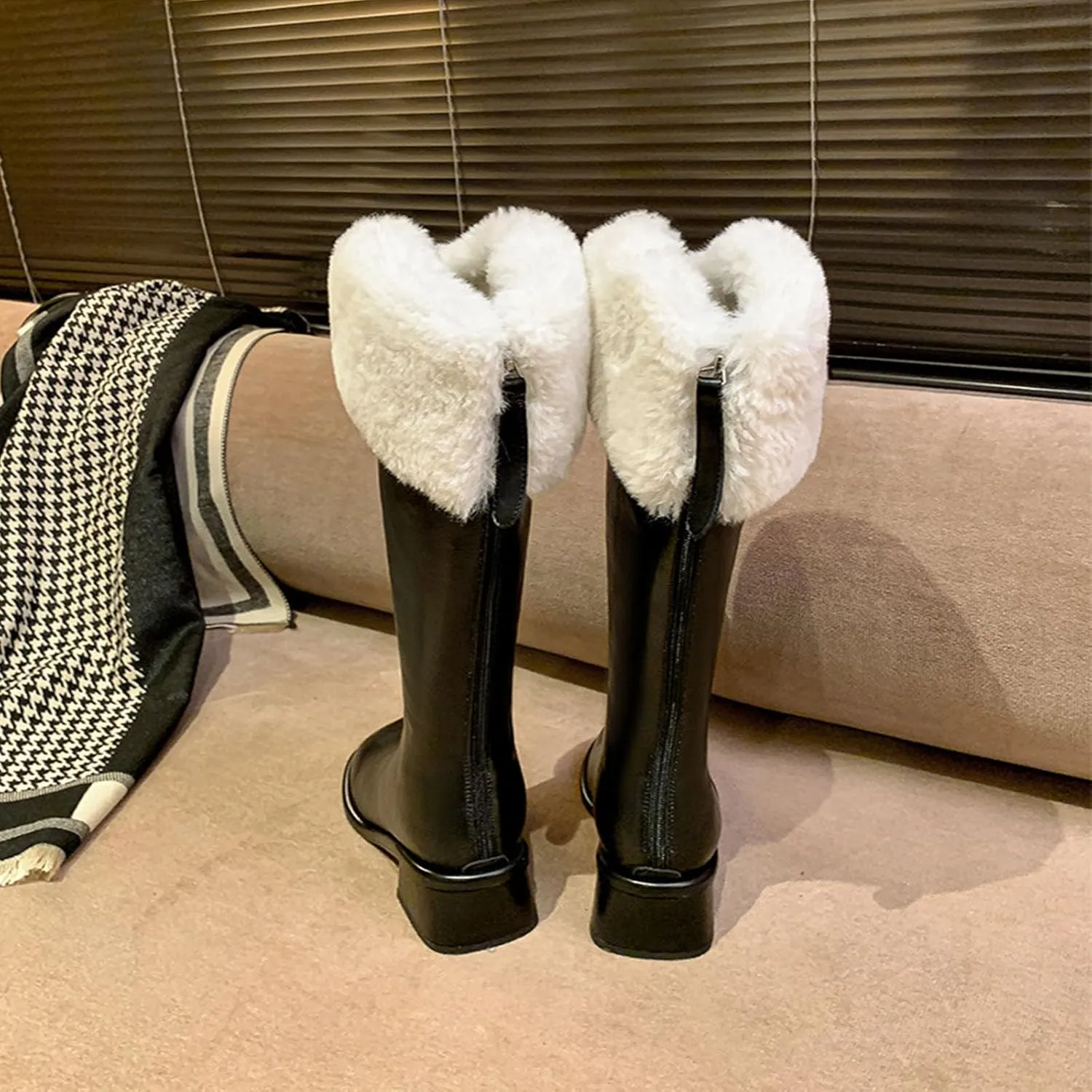 Slip On Low Heeled Snow Boots, Short Plush Lined Raw Edge Knee High Boots Leather Shiny Straight Boots Waterproof Non Slip Warm Women's Winter Boots