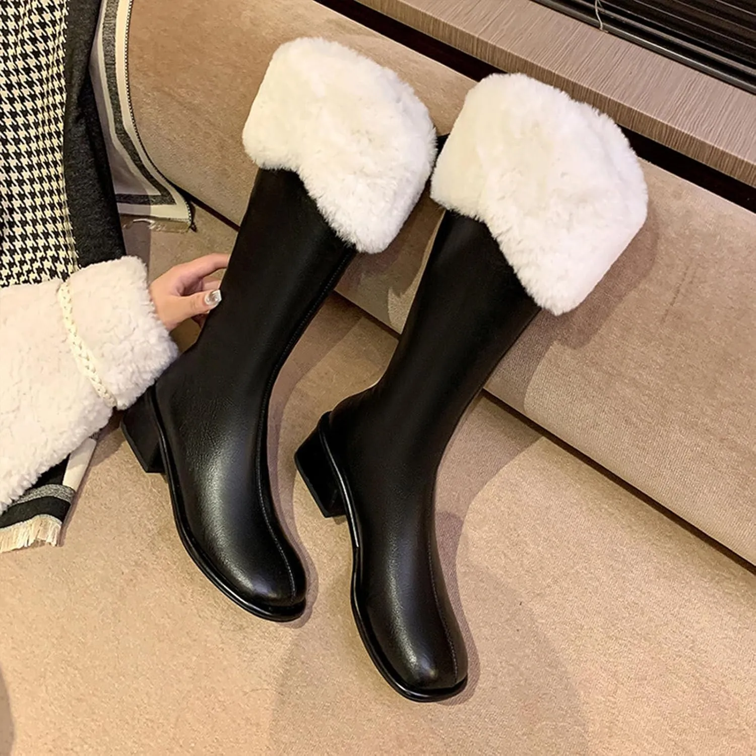 Slip On Low Heeled Snow Boots, Short Plush Lined Raw Edge Knee High Boots Leather Shiny Straight Boots Waterproof Non Slip Warm Women's Winter Boots