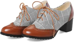 SO SIMPOK Women's Lace Up Oxfords Shoes Vintage Brogues Perforated Chunky Block Heel Party Dress Shoes Pumps Saddle Oxfords
