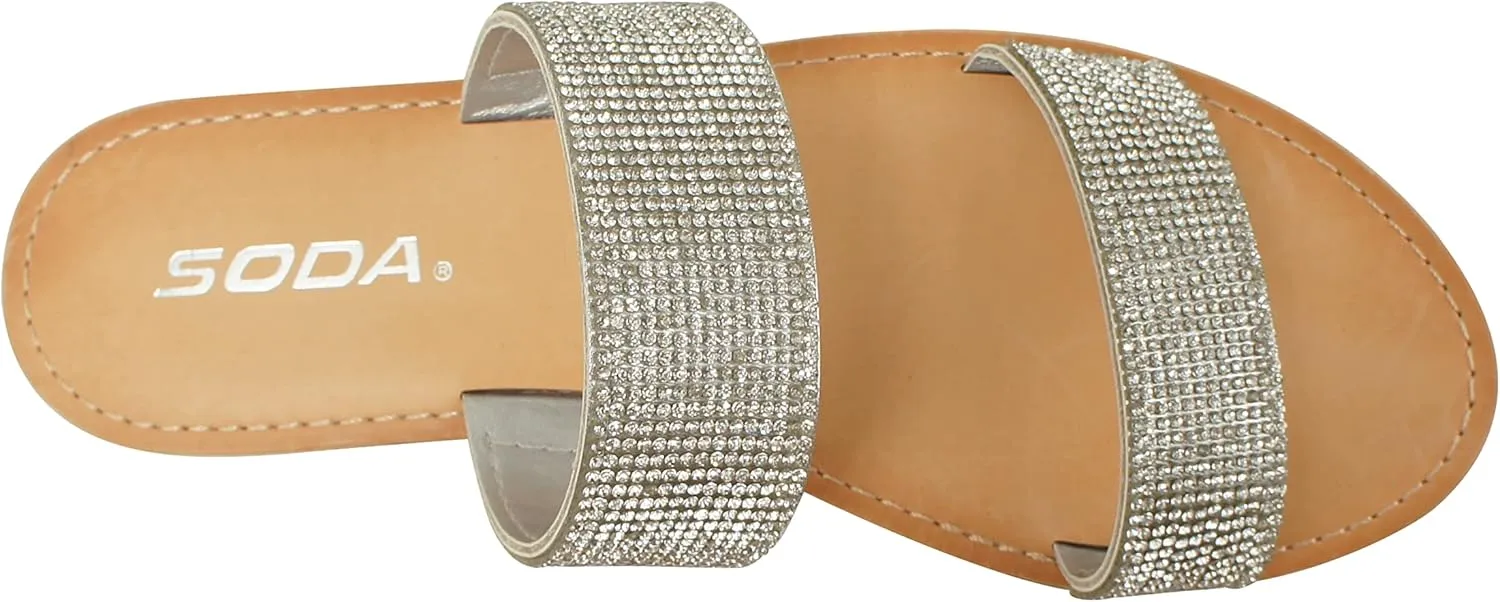 Soda AMONG Women Sparkle Rhinestone Dual band Strap Open Toe Flat Flip Flops Slide Slippers Sandals
