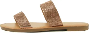 Soda AMONG Women Sparkle Rhinestone Dual band Strap Open Toe Flat Flip Flops Slide Slippers Sandals