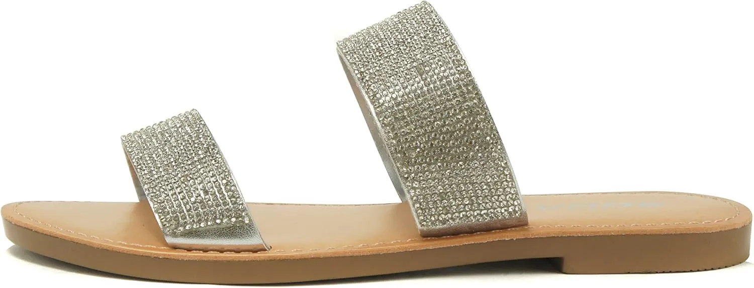 Soda AMONG Women Sparkle Rhinestone Dual band Strap Open Toe Flat Flip Flops Slide Slippers Sandals