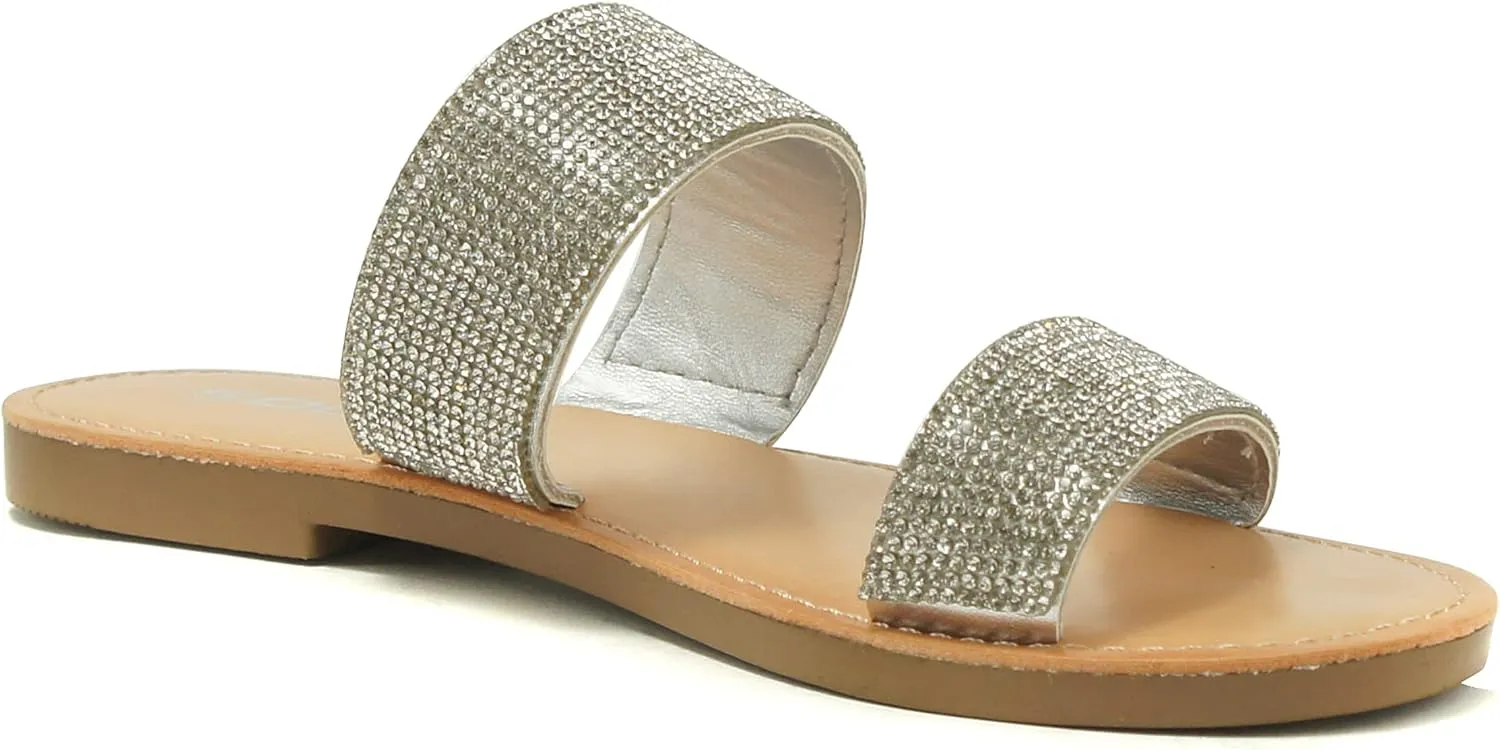 Soda AMONG Women Sparkle Rhinestone Dual band Strap Open Toe Flat Flip Flops Slide Slippers Sandals