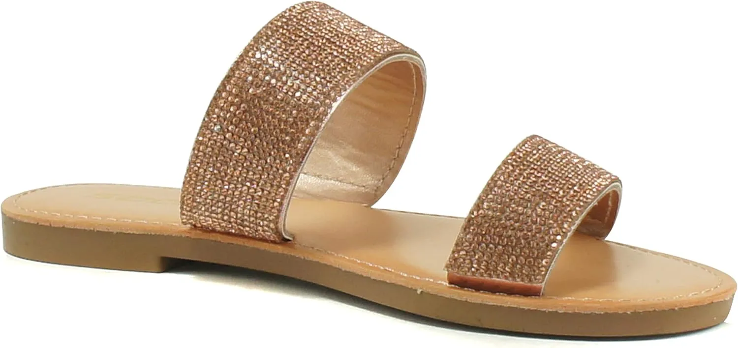 Soda AMONG Women Sparkle Rhinestone Dual band Strap Open Toe Flat Flip Flops Slide Slippers Sandals