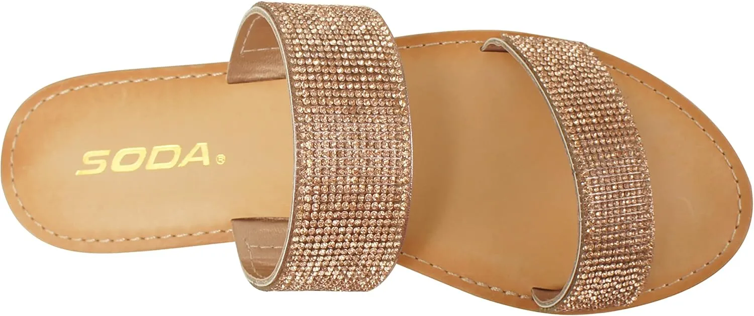 Soda AMONG Women Sparkle Rhinestone Dual band Strap Open Toe Flat Flip Flops Slide Slippers Sandals