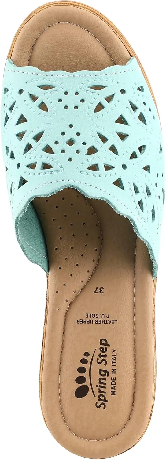 Spring Step Estella Women's Fashion Wedge Slide Sandals – Casual Leather Heel with Geometric Laser-Cut Detailing