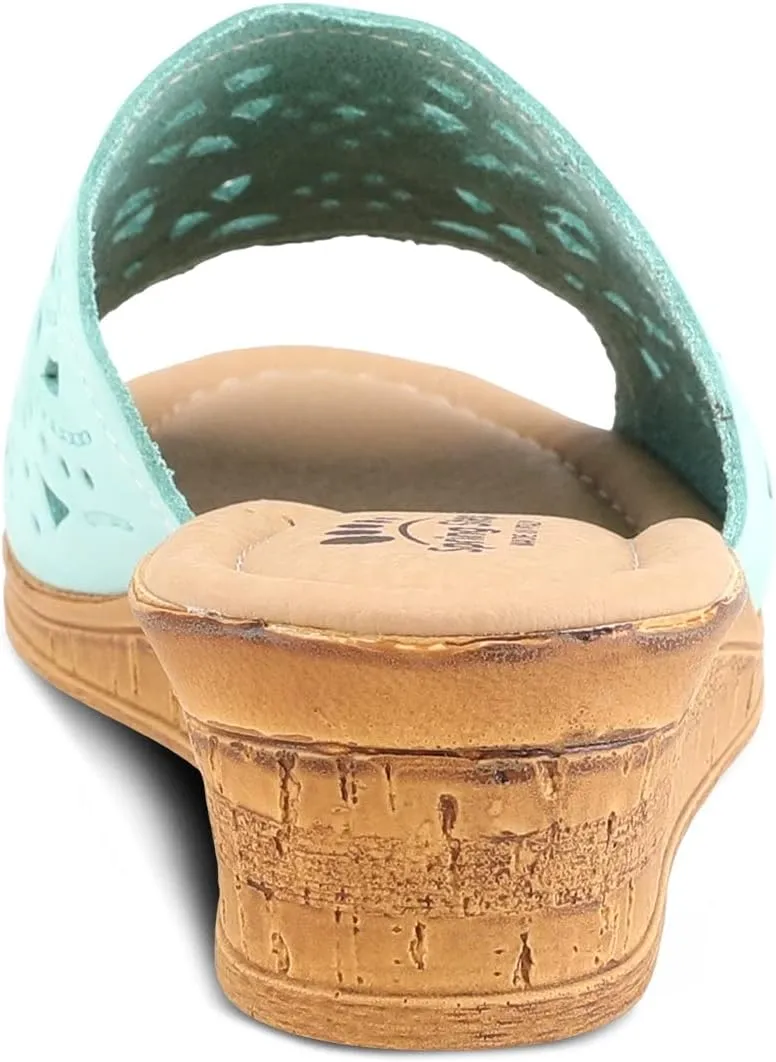 Spring Step Estella Women's Fashion Wedge Slide Sandals – Casual Leather Heel with Geometric Laser-Cut Detailing