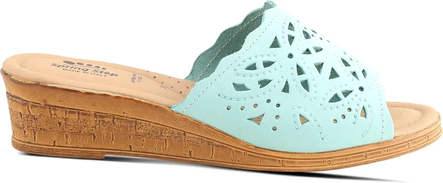 Spring Step Estella Women's Fashion Wedge Slide Sandals – Casual Leather Heel with Geometric Laser-Cut Detailing