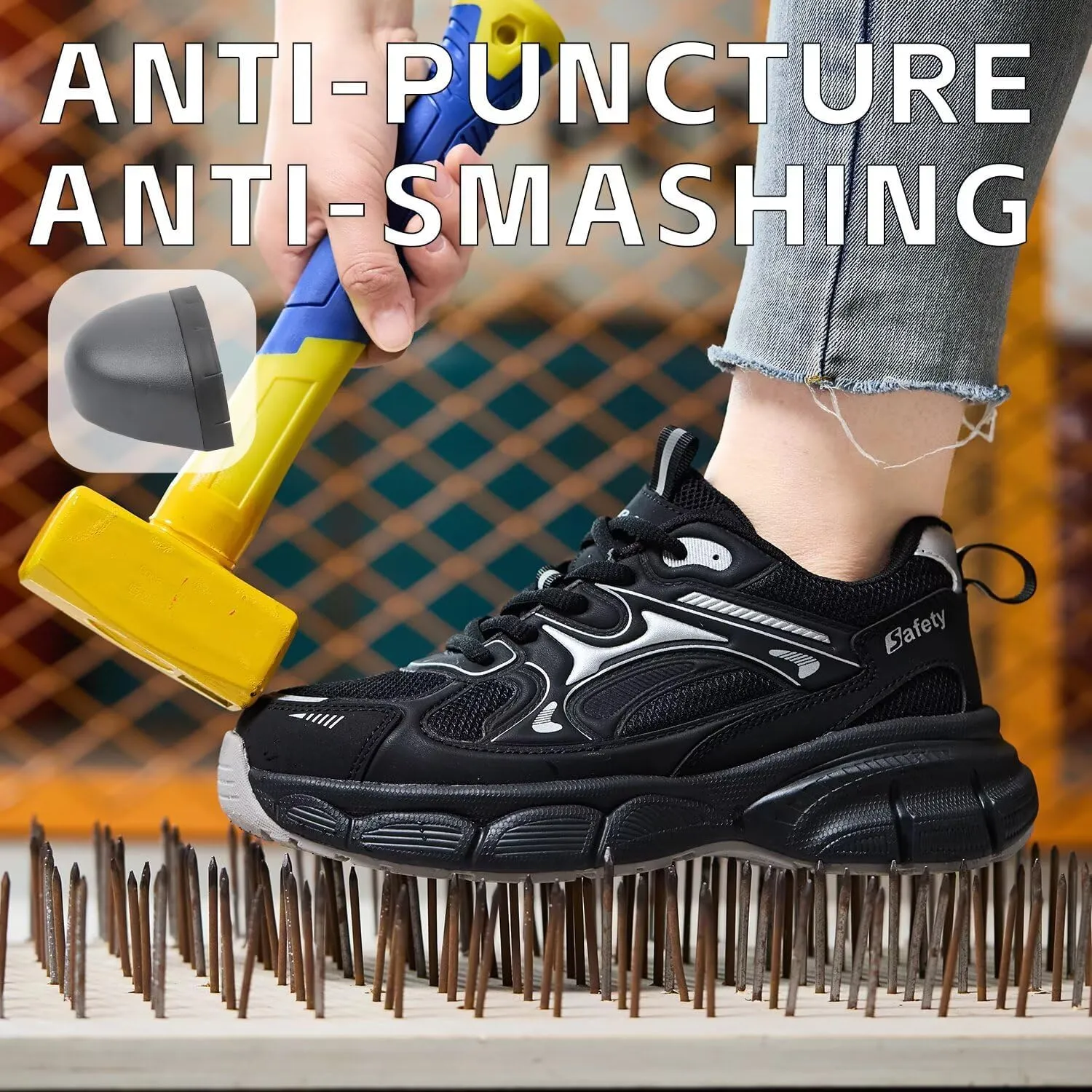 Steel Toe Shoes for Women Safety Shoes Wide fit Indestructible Work Sneakers Men Lightweight Slip on Resistant Breathable Puncture Proof Composite Toe Shoe Black White
