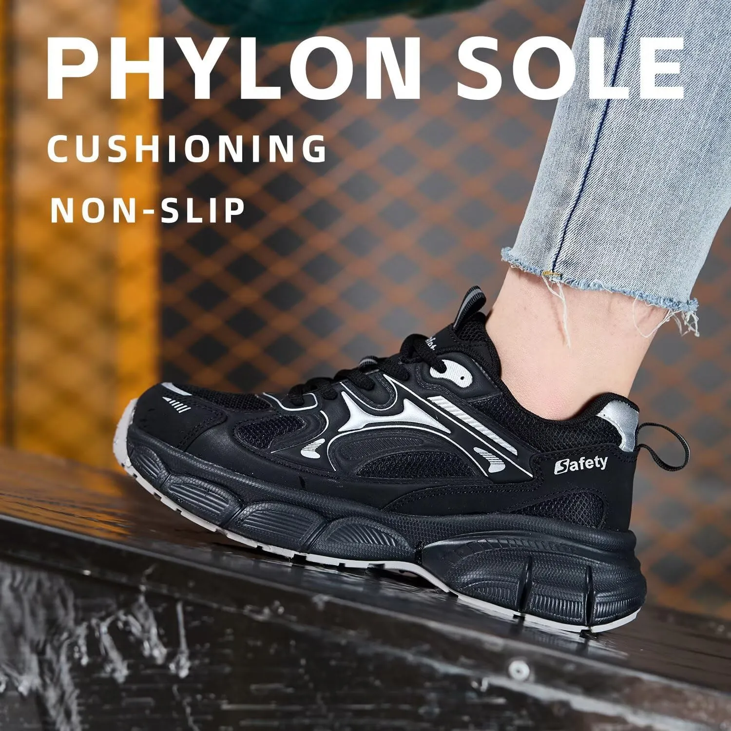 Steel Toe Shoes for Women Safety Shoes Wide fit Indestructible Work Sneakers Men Lightweight Slip on Resistant Breathable Puncture Proof Composite Toe Shoe Black White