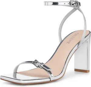 Strappy Women High Heels: 3.4 Inch Sexy Wide Heel Sandals, Square Open Toe Heeled, Comfortable Prom Party Wedding Shoes
