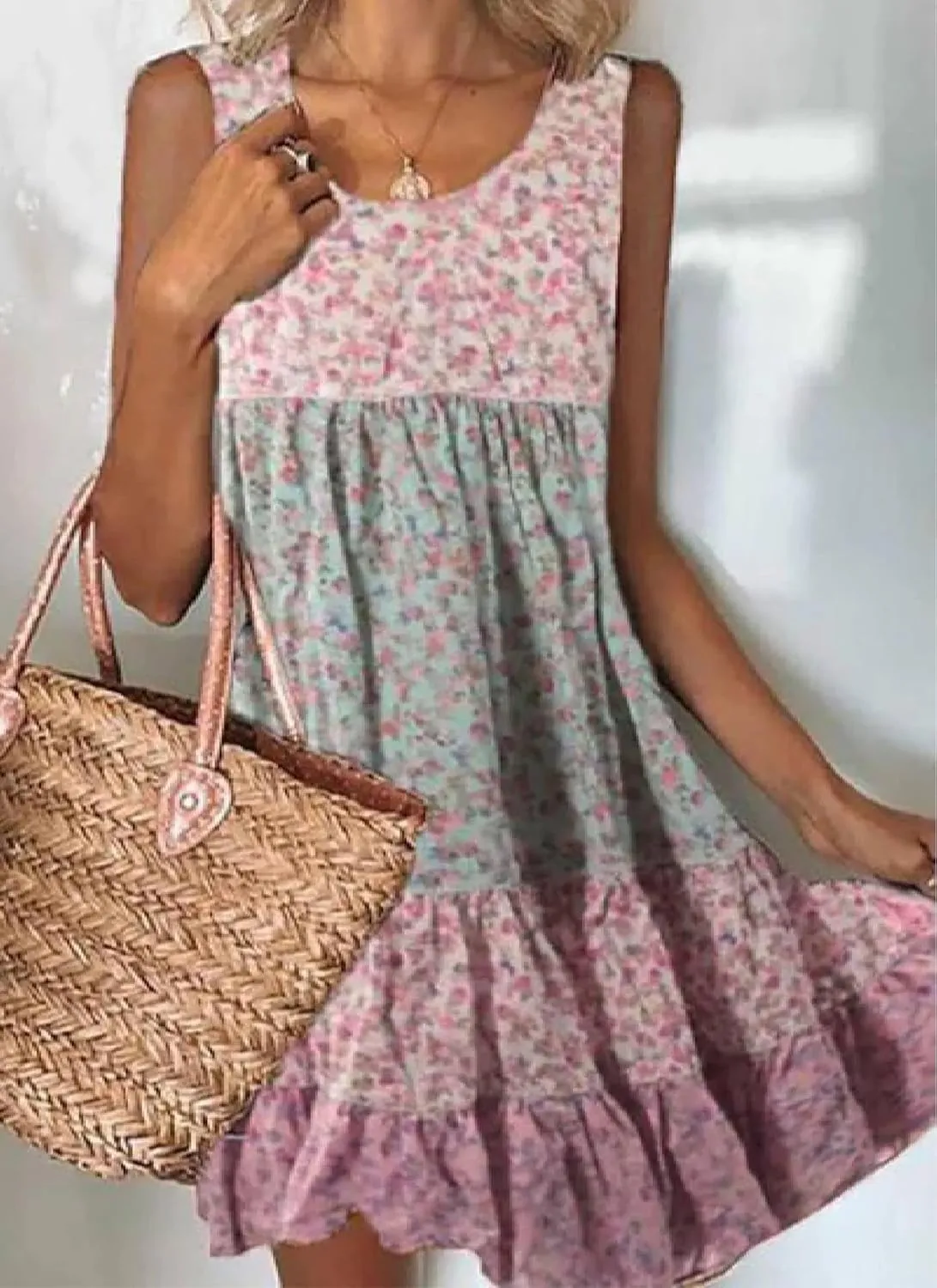 Summer Dress for Women Scoop Neck Sleeveless Mini Dress Layered Print Shift Dresses Casual Dresses