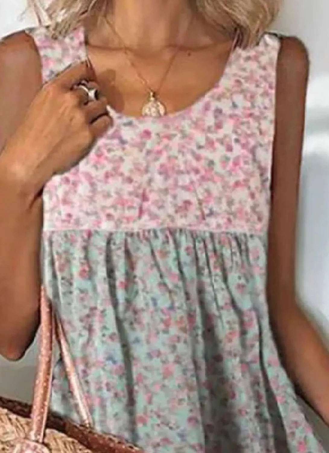 Summer Dress for Women Scoop Neck Sleeveless Mini Dress Layered Print Shift Dresses Casual Dresses