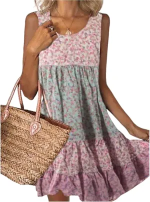 Summer Dress for Women Scoop Neck Sleeveless Mini Dress Layered Print Shift Dresses Casual Dresses