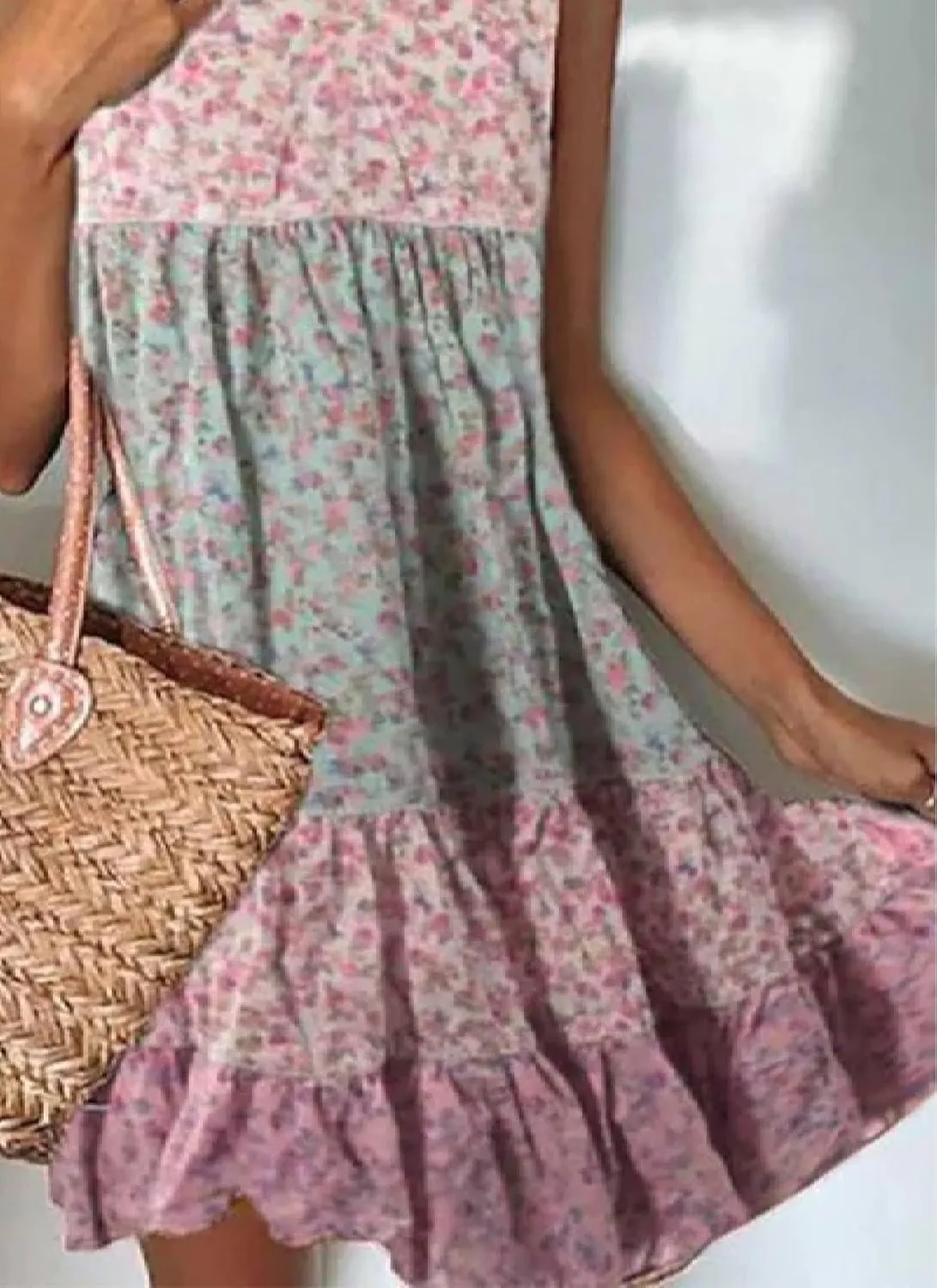 Summer Dress for Women Scoop Neck Sleeveless Mini Dress Layered Print Shift Dresses Casual Dresses