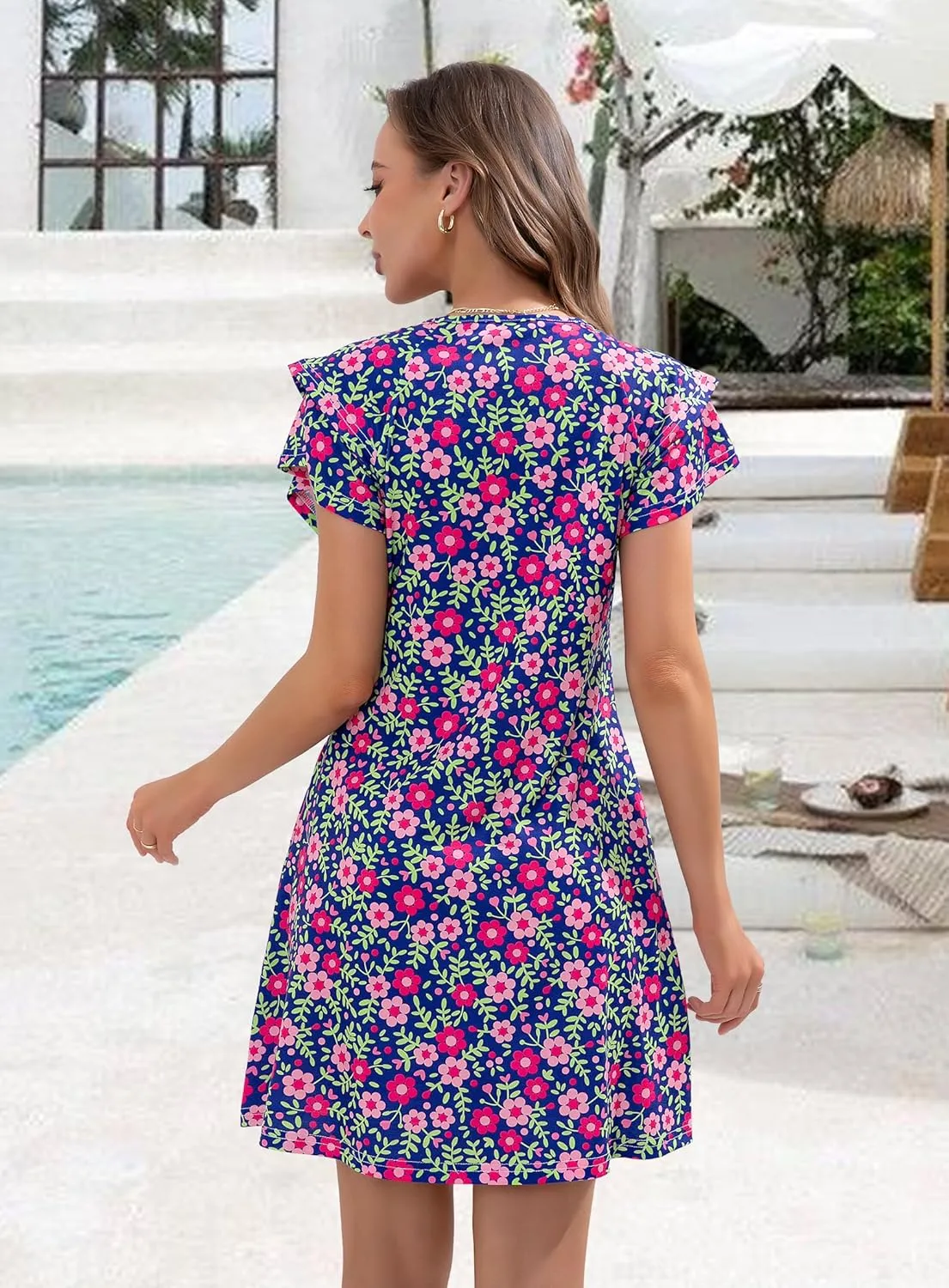 Summer Dresses for Women 2025 Casual Ruffle Sleeves Mini Dress Sundresses Floral Boho Beach Dresses with Pockets