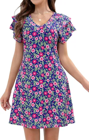 Summer Dresses for Women 2025 Casual Ruffle Sleeves Mini Dress Sundresses Floral Boho Beach Dresses with Pockets