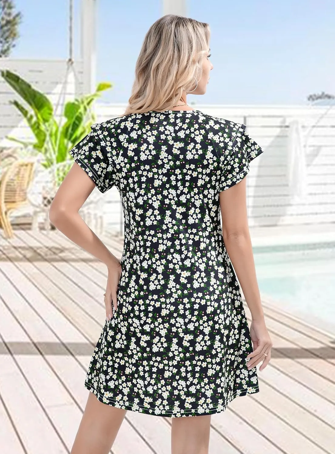 Summer Dresses for Women 2025 Casual Ruffle Sleeves Mini Dress Sundresses Floral Boho Beach Dresses with Pockets