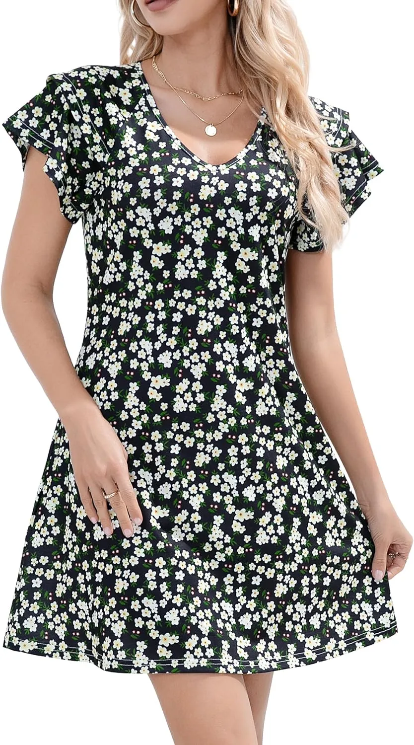 Summer Dresses for Women 2025 Casual Ruffle Sleeves Mini Dress Sundresses Floral Boho Beach Dresses with Pockets