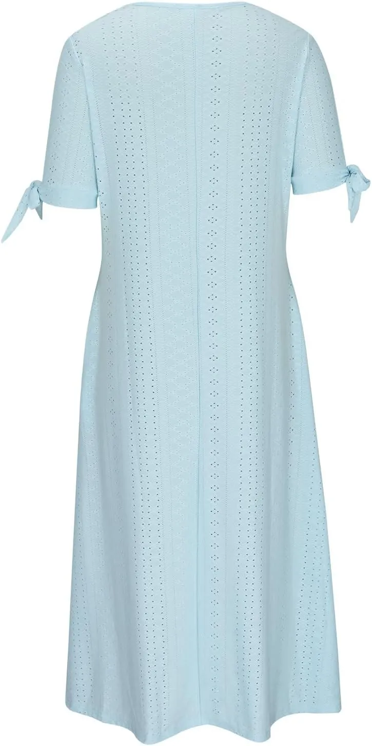 Summer Dresses for Women 2025 V Neck Eyelet Midi Dress Beach Vacation Short Sleeve Button Up Sundress with Pockets
