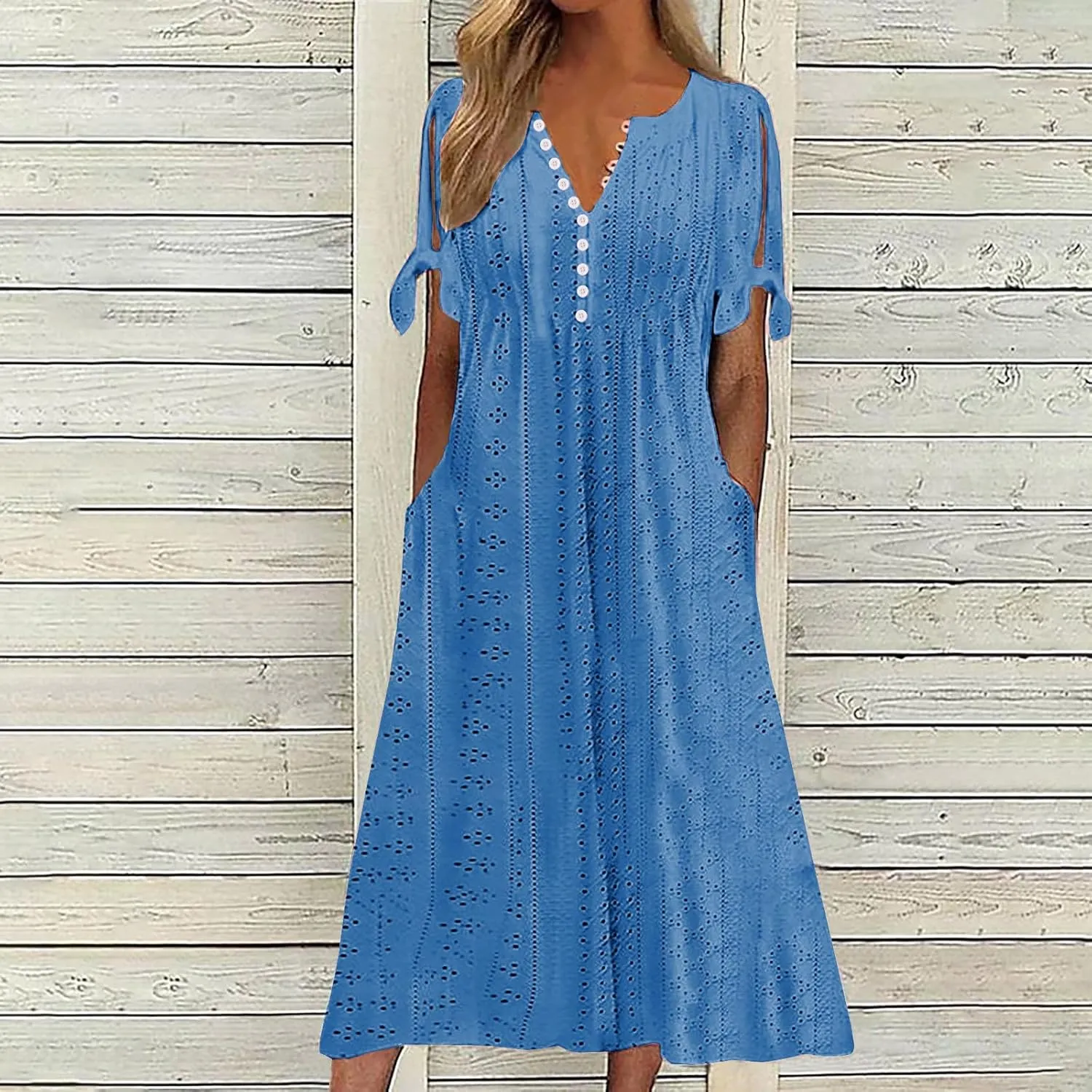Summer Dresses for Women 2025 V Neck Eyelet Midi Dress Beach Vacation Short Sleeve Button Up Sundress with Pockets