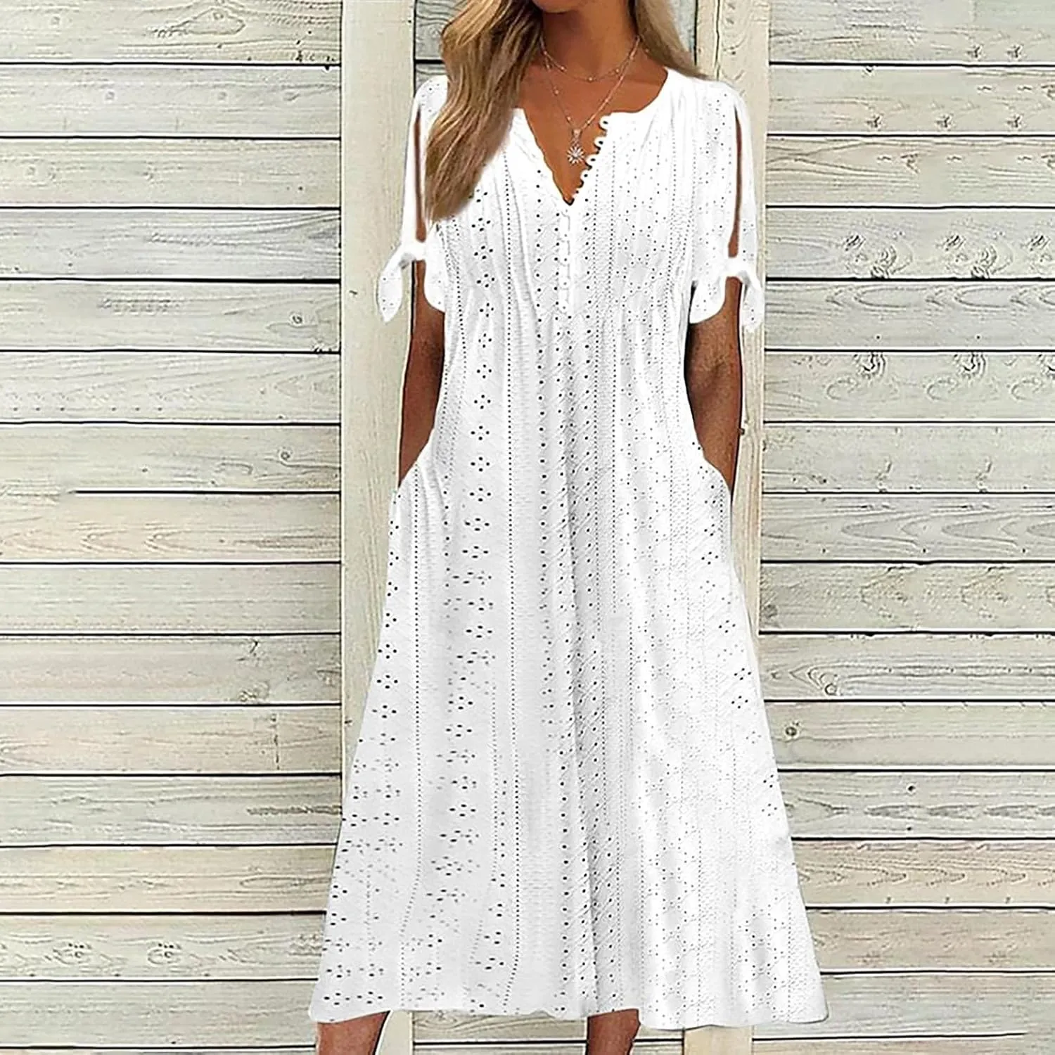 Summer Dresses for Women 2025 V Neck Eyelet Midi Dress Beach Vacation Short Sleeve Button Up Sundress with Pockets