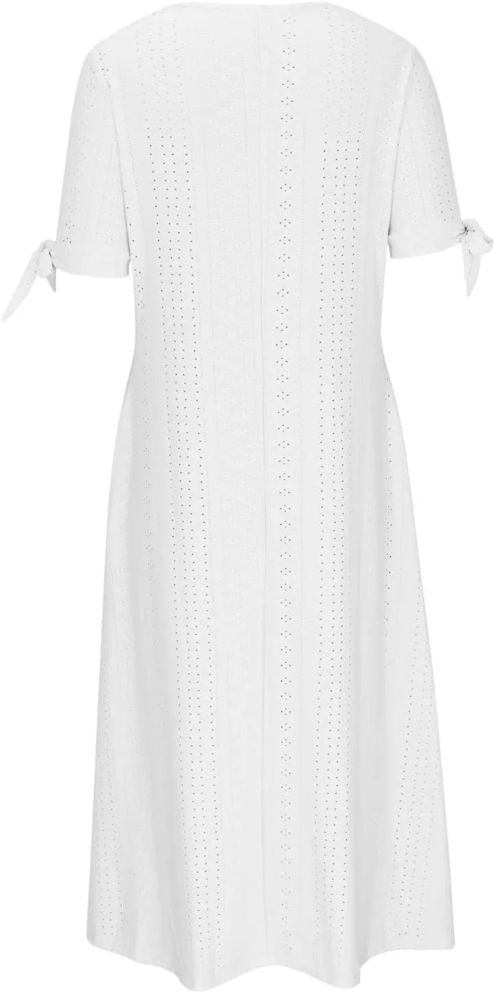 Summer Dresses for Women 2025 V Neck Eyelet Midi Dress Beach Vacation Short Sleeve Button Up Sundress with Pockets