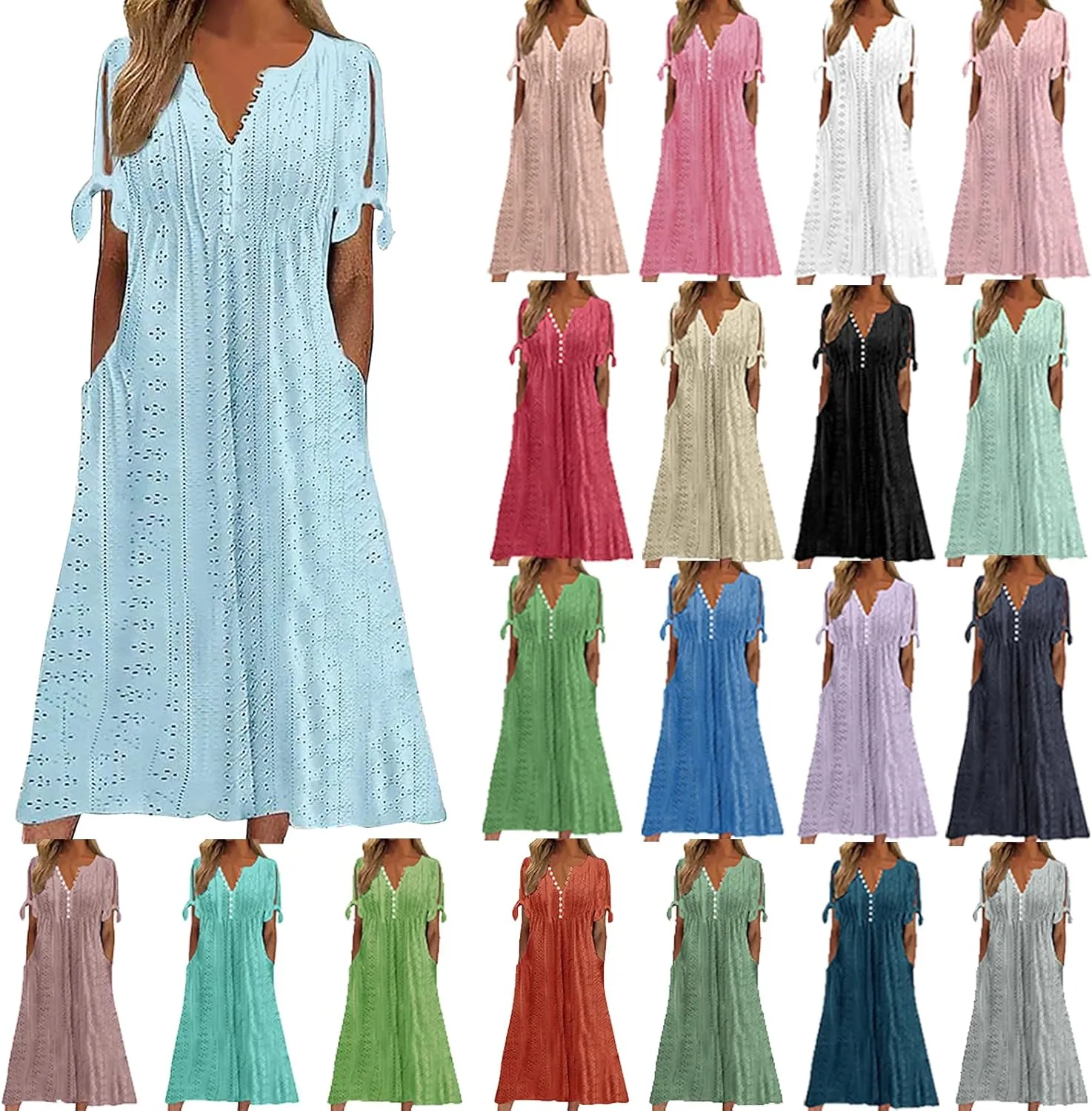 Summer Dresses for Women 2025 V Neck Eyelet Midi Dress Beach Vacation Short Sleeve Button Up Sundress with Pockets
