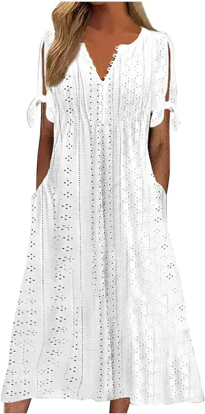 Summer Dresses for Women 2025 V Neck Eyelet Midi Dress Beach Vacation Short Sleeve Button Up Sundress with Pockets