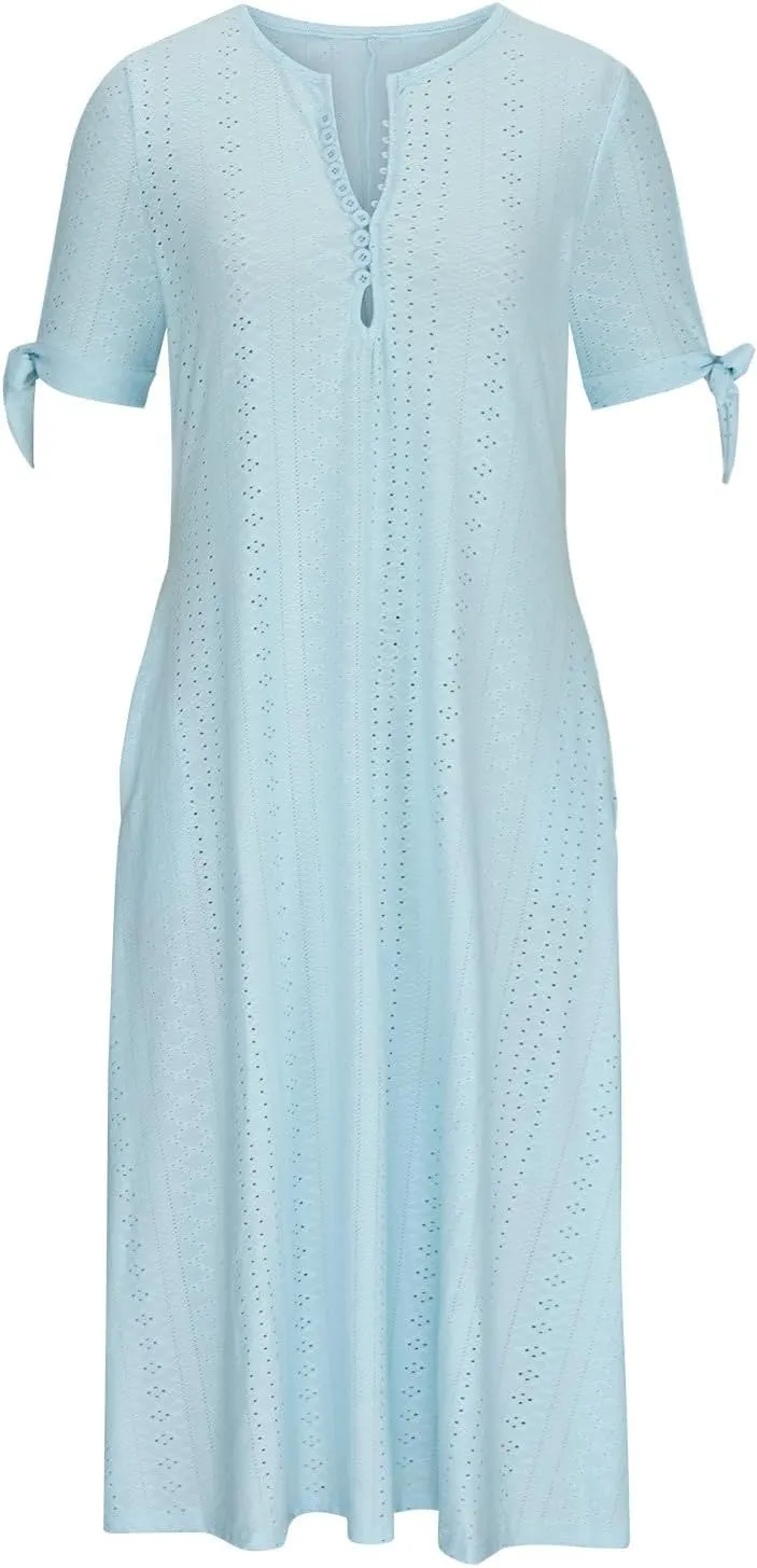 Summer Dresses for Women 2025 V Neck Eyelet Midi Dress Beach Vacation Short Sleeve Button Up Sundress with Pockets