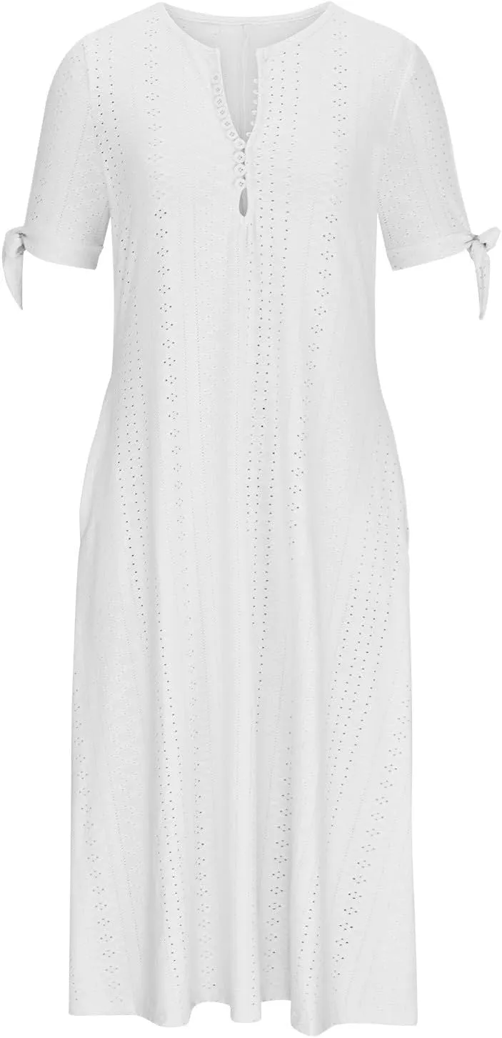 Summer Dresses for Women 2025 V Neck Eyelet Midi Dress Beach Vacation Short Sleeve Button Up Sundress with Pockets